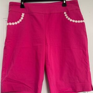 Pink Women's Bermuda Shorts with Floral Trim